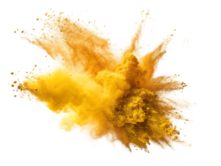A vibrant explosion of yellow and beige powder against a stark black background creating dynamic motion