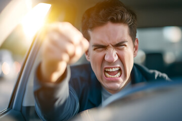 Man clenches fist in intense frustration while seated in car. Urban setting with bright sunlight filtering through windows creates a dynamic mood