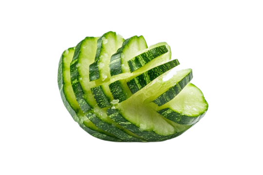 Stylishly cut fresh green cucumber on white background