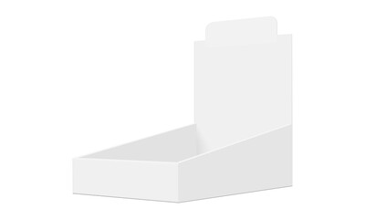 Vector mockup of blank cardboard retail display box with a raised back panel. Perfect for branding presentations, packaging design, POS materials, and advertising. Clean, isolated on white background