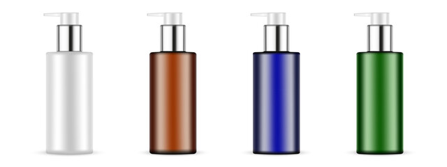Realistic vector mockup set of four cosmetic pump bottles in different colors: white, amber, dark blue, and green, isolated on a white background. Each bottle features a silver dispenser