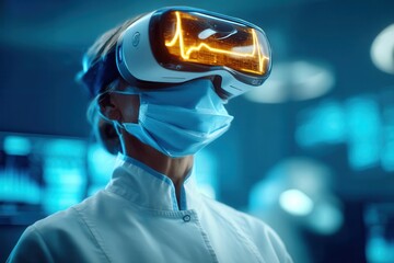 Doctor explores innovative treatment methods using VR technology at dusk to enhance patient care and data analysis