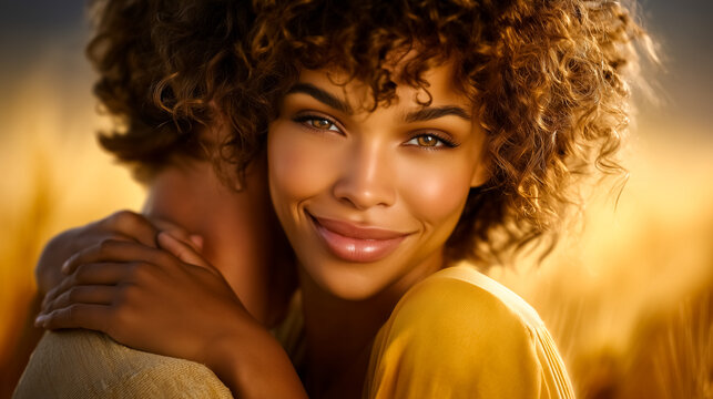 Woman smiles warmly while embracing man in golden field at sunset. Soft light enhances emotional connection. Concept of love, relationships, romance, countryside photography - Powered by Adobe
