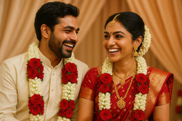 Happy indian bride and groom smiling at their wedding ceremony