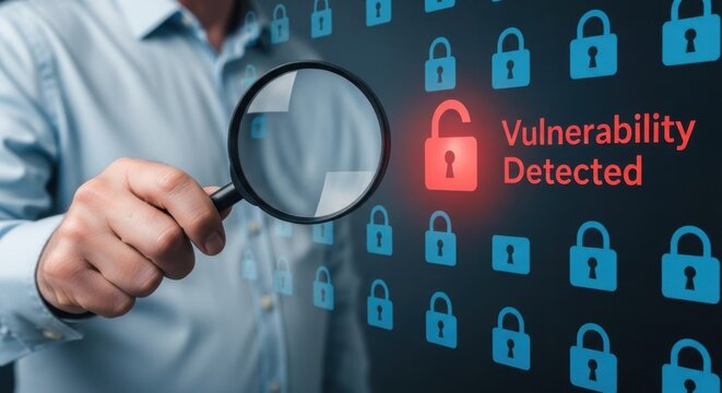 Person with magnifying glass examines glowing red unlocked padlock with text vulnerability detected cybersecurity