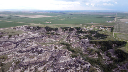 Drumheller Alberta Canada Aerial View of Rugged Badlands Terrain With Eroded Hills in Horseshoe...