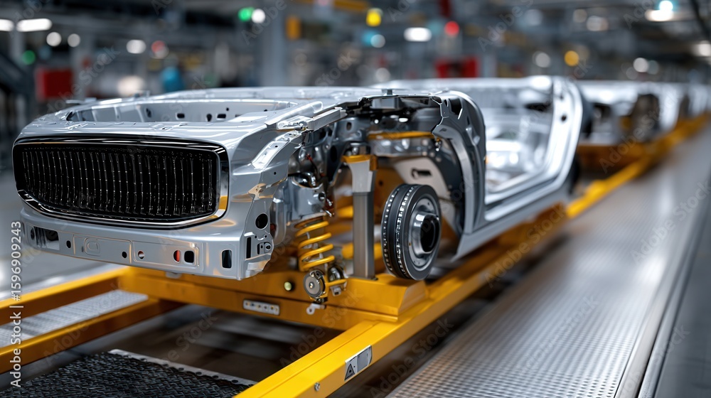 Poster close-up view of car chassis on assembly line in factory