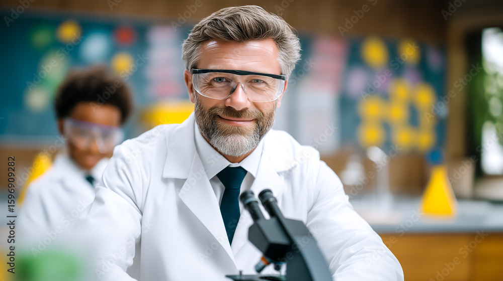Poster scientist with grey beard looking at camera while using microscope in modern laboratory. bright colo