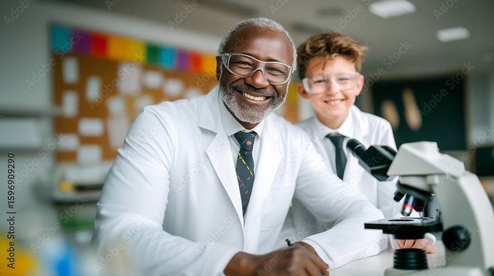 Poster scientist and student smiling while examining samples under microscope in bright laboratory. colorfu