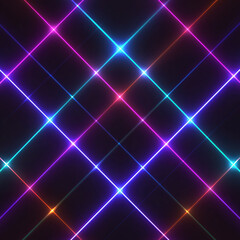 Neon grid pattern with intersecting colorful lights creates vibrant glowing effect on dark background, evoking futuristic and energetic atmosphere