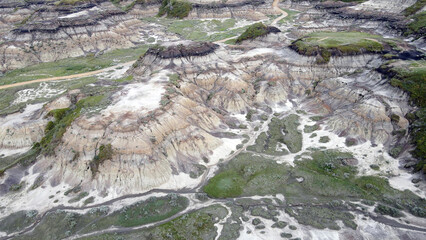 Drumheller Alberta Canada Aerial View of Rugged Badlands Terrain With Eroded Hills in Horseshoe...