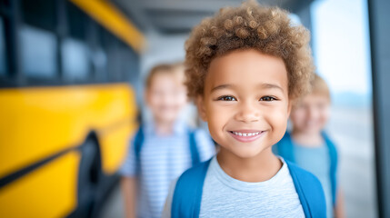 Child looks at camera, smiling happily at school bus stop, bright yellow bus nearby. Friendly atmosphere with classmates, ideal for education, childcare, youth programs