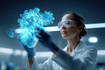 Chinese scientist analyzing holographic medical data in a clean clinical lab environment