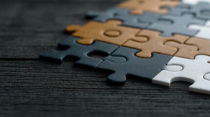 Creative solutions arise from connecting puzzle pieces on a wooden surface