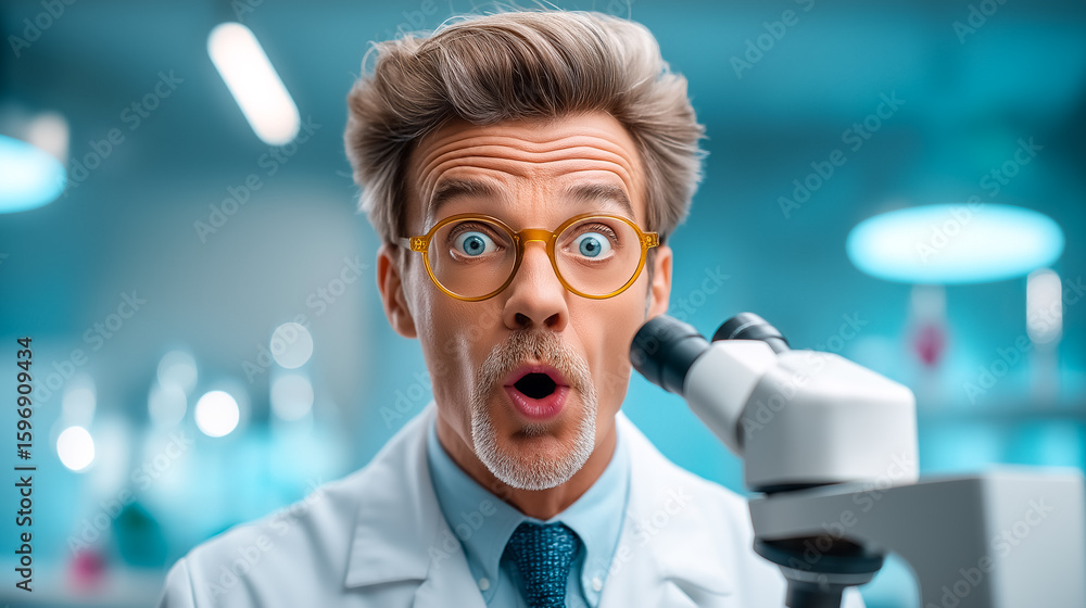 Poster scientist looking at camera with surprised expression while peering into microscope. bright laborato