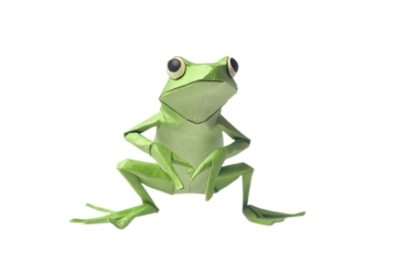 Origami frog on white background, crafted paper animal