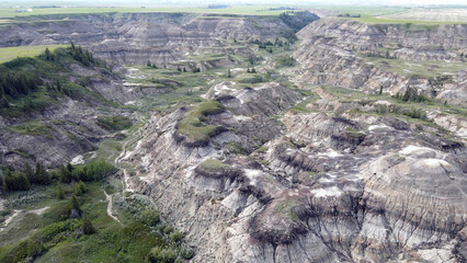 Drumheller Alberta Canada Aerial View of Rugged Badlands Terrain With Eroded Hills in Horseshoe...