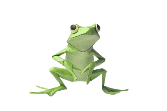 Origami frog on white background, crafted paper animal