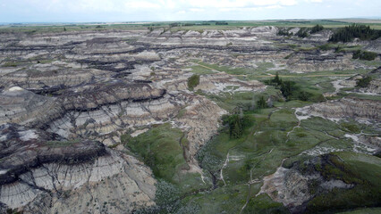 Drumheller Alberta Canada Aerial View of Rugged Badlands Terrain With Eroded Hills in Horseshoe...