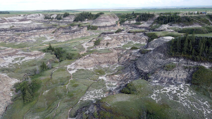 Drumheller Alberta Canada Aerial View of Rugged Badlands Terrain With Eroded Hills in Horseshoe...