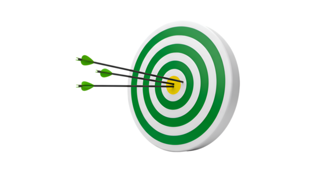 Arrows hit the bullseye on a green and white target isolated on transparent background