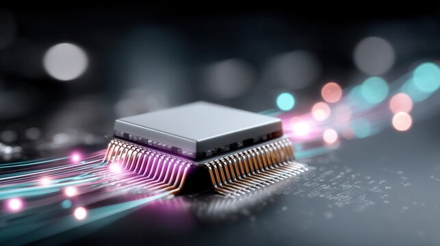 Futuristic glowing microchip with vibrant neon colors and dynamic light trails in a cyberpunk setting