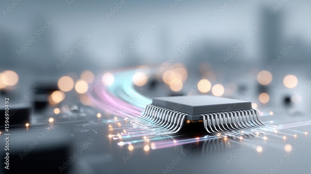 Poster close-up view of a glowing futuristic microchip in a cyberpunk setting with vibrant neon colors and 