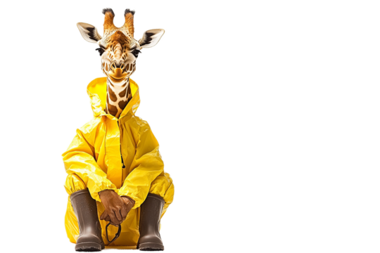 Giraffe wears bright raincoat and brown boots