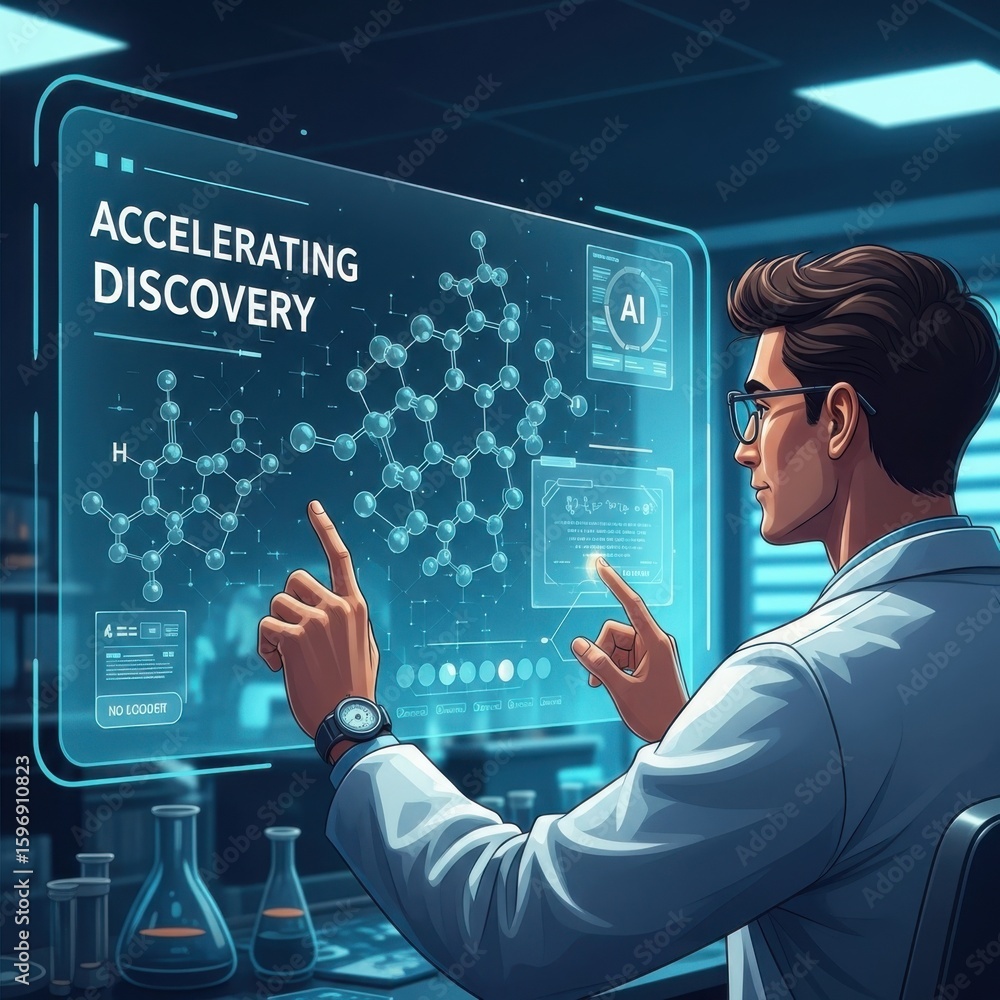 Aufkleber scientist interacting with futuristic holographic display showing molecular structures and a i data 
