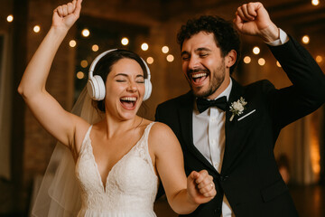 Bride wearing headphones dancing with groom at wedding reception