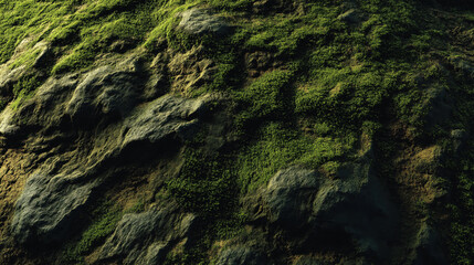 Mossy stone texture with deep green moss covering rugged rock surface, creating natural and earthy appearance with detailed roughness and organic patterns