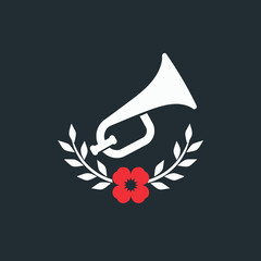 Stylized trumpet held by a hand with a floral wreath, symbolizing remembrance and honor
