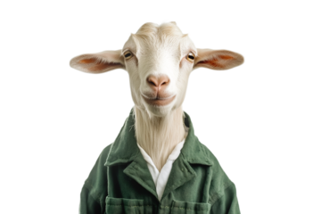 Portrait of a goat wearing stylish green jacket