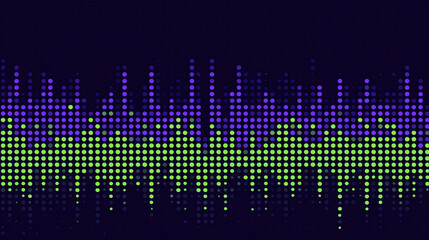 Colorful digital soundwave pattern with green and purple dots on dark background, creating vibrant and dynamic visual effect with seamless design and modern style