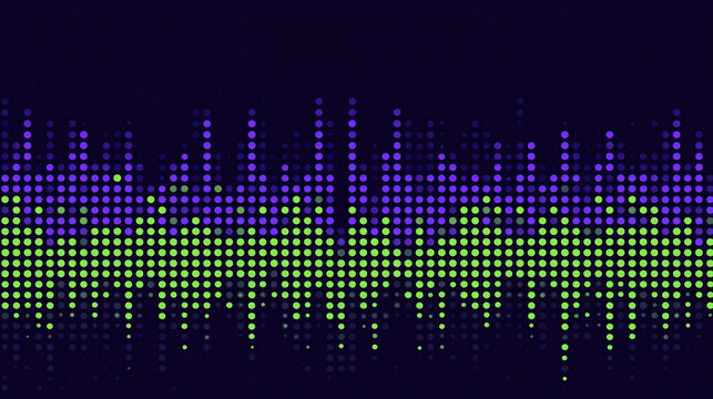 Colorful digital soundwave pattern with green and purple dots on dark background, creating vibrant and dynamic visual effect with seamless design and modern style