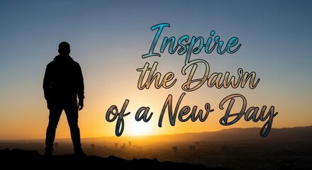 Silhouette of man on hill overlooking city at sunrise with inspirational text person standing 1