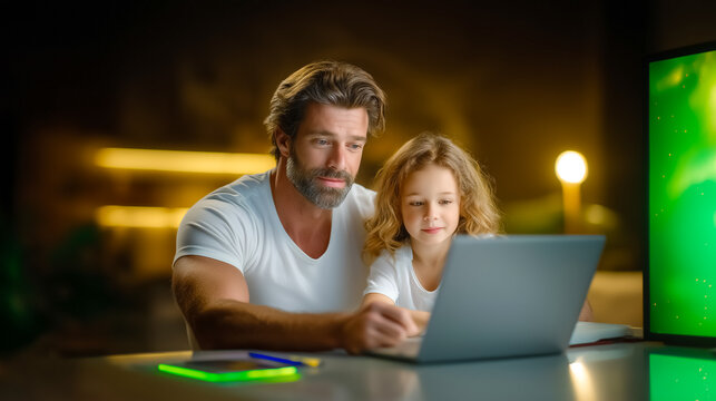 Father and daughter engaging in collaborative work on laptop in home office. Warm indoor lighting creates inviting atmosphere. Concept of family bonding, remote work, digital learning - Powered by Adobe