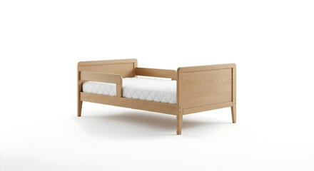 Fototapeta premium Modern wooden toddler bed with mattress, perfect for a cozy and safe nursery design project, new product display
