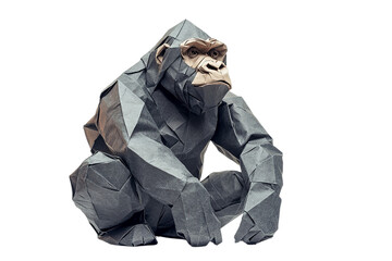 Origami gorilla sits thoughtfully against white background studio
