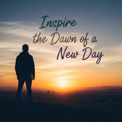 Silhouette of person overlooking city at sunrise with inspirational text dawn