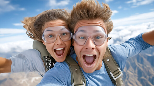 Two enthusiastic skydivers expressing joy during freefall. Clear blue sky and distant mountains create a thrilling backdrop. Concept of adventure tourism, extreme sports, outdoor experiences