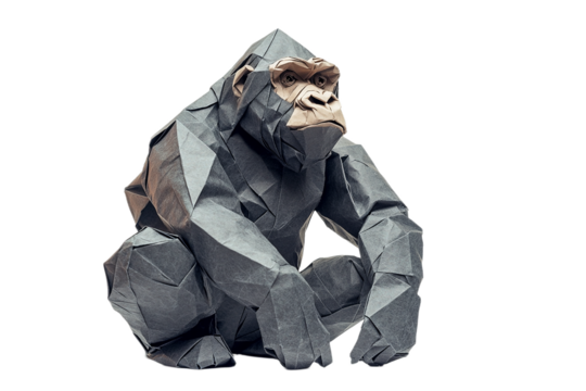 Origami gorilla sits thoughtfully against white background studio