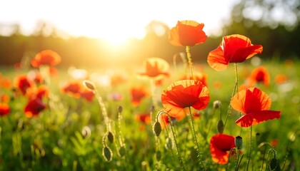 Obraz premium Sunset poppy field, vibrant blooms
