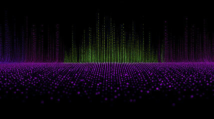 Digital soundwave visualization with glowing purple and green dots on black background, creating futuristic and dynamic audio frequency effect