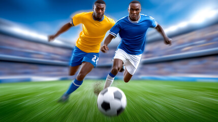 Two athletes sprint towards soccer ball in intense competition showcasing speed and agility. Brightly colored uniforms create engaging visual. Concept of sports, teamwork, competition