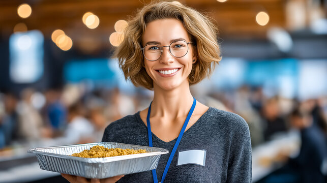 Smiling woman holding tray of food while looking at camera. Bright and inviting atmosphere with people dining in background. Concept of catering, community services, hospitality