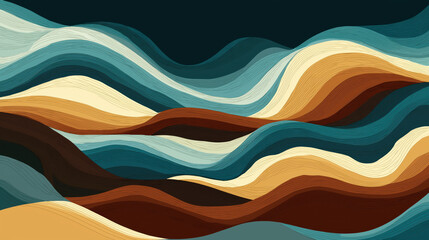 Fototapeta premium Abstract wave pattern with flowing lines in blue, brown, cream, and teal colors creating smooth, dynamic, and calming visual effect in flat design style