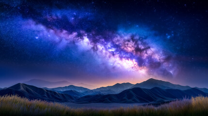 Bright Milky Way stretches across night sky over serene mountain landscape. Gentle rolling hills and grasslands create tranquil atmosphere. Concept of nature tourism, outdoor adventure, astronomy