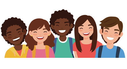 Multiracial students smiling together in casual attire with backpacks, white background, isolated, vector, 