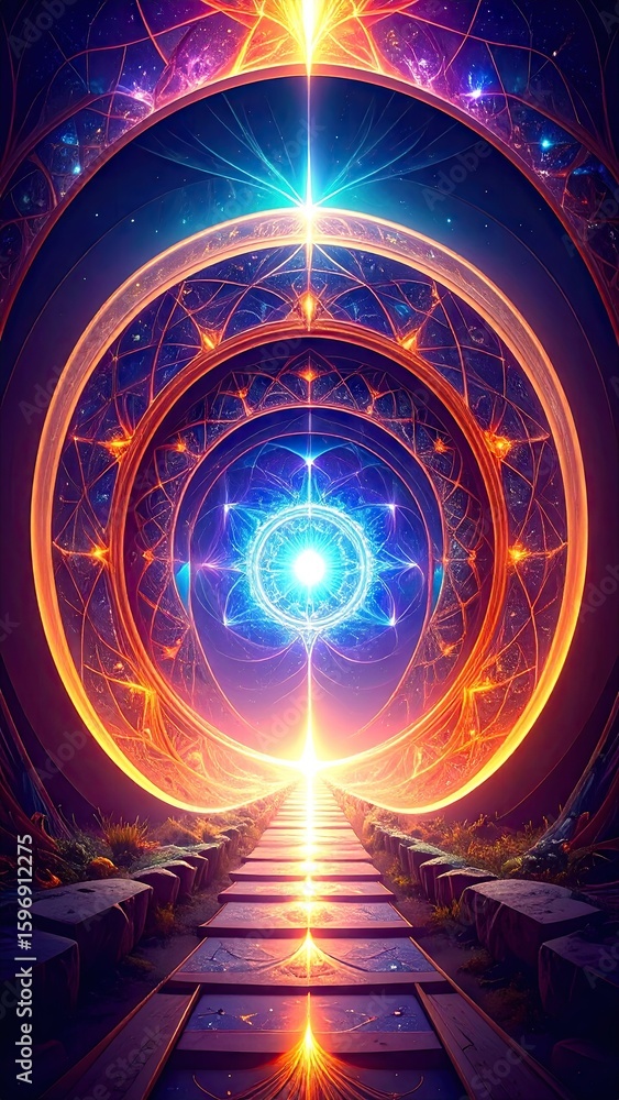 Poster illuminated quantum tunnel entrance with fractal light patterns and geometric design